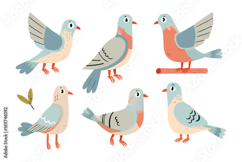 Whimsical Pigeons Illustration: A charming illustration presents a delightful array of cartoon pigeons in various poses, perfect for adding a touch of playfulness and creativity to any project.