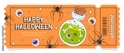 Ticket for Happy Halloween. Spooky and cute invitation to a Halloween night party. Ticket with elixir, spiders, and eyes. One entry to the celebration. Vector