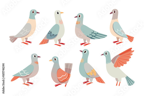 Pigeon Illustration Collection: A charming illustrated collection of pigeons, captured in various poses and perspectives, showcasing their unique characteristics and delicate features.