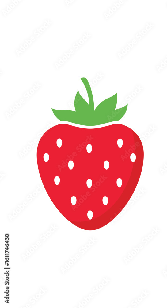 Fototapeta premium Vibrant red strawberry illustration with green leaves and white seeds