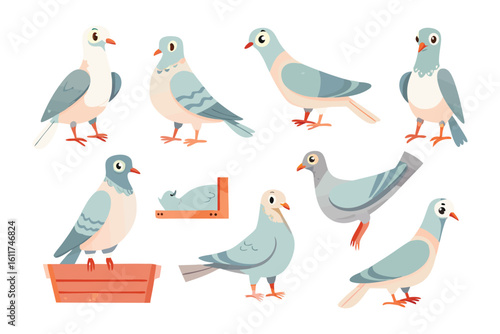Pigeons in Artistic Perspective: A whimsical assortment of pigeons presented in a charming illustrated style. Each bird is rendered with unique characteristics.