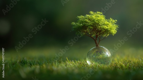 Tree Growing in a Glass Sphere on Lush Green Grass Surface