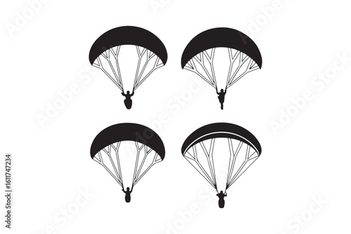 Four parachutes descending with skydivers in a stylized illustration