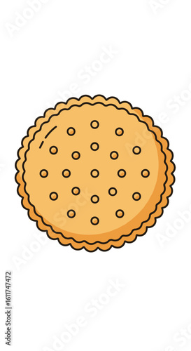 A crunchy round biscuit with many small holes on top and a wavy edge design