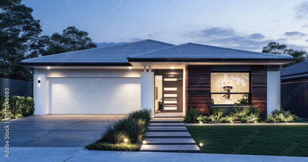 Fototapeta premium A modern suburban house facade at twilight.