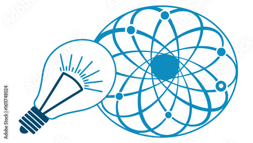 Vector  illustration of a light bulb with radiating lines next to a spherical network with connected nodes