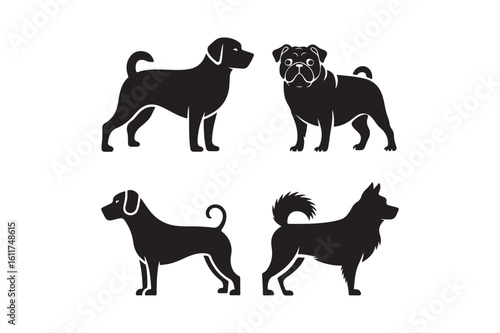 Four silhouettes of different dog breeds posed together
