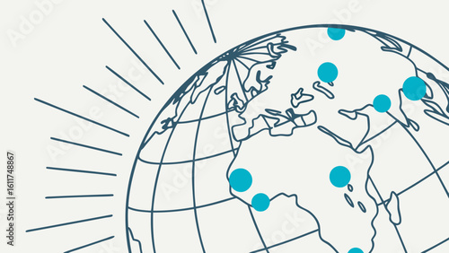 Vector  a stylized world map with blue dots and radiating lines emanating from the upper left corner side