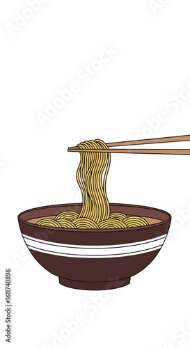 Delicious noodle dish served hot in a beautiful bowl using chopsticks for eating