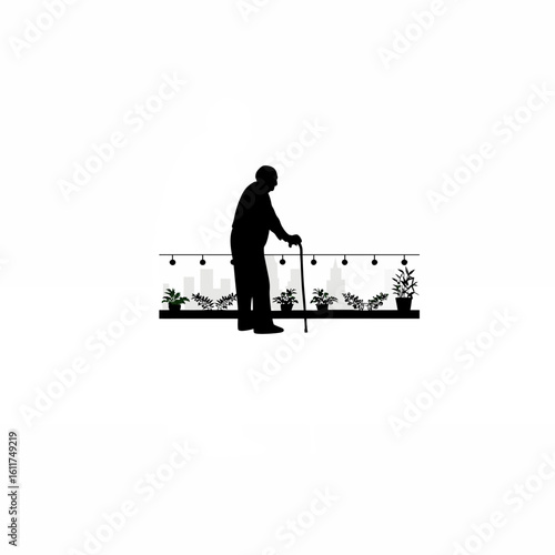 Silhouette of an elderly man using a walking stick in a rooftop garden