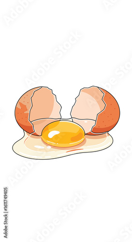 Cracked open egg with visible yolk and albumen spreading outward on white surface