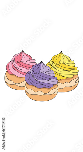 Three colorful frosted pastries on a white background illustration