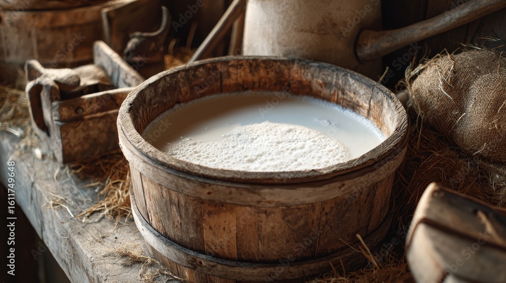 Fototapeta premium Wooden milk bucket rim with fresh white milk. Traditional farming tools nearby