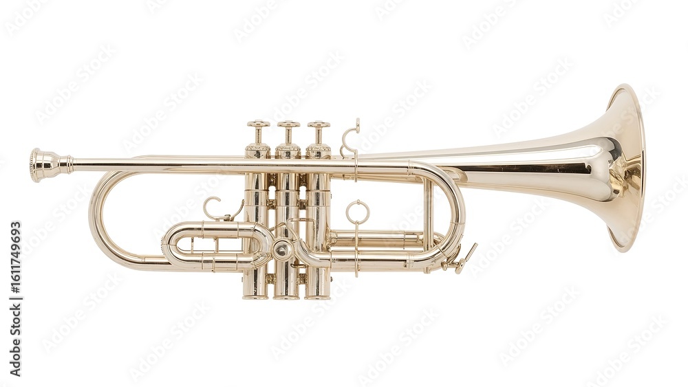 Obraz premium Shiny silver cornet musical instrument isolated on a clean white background