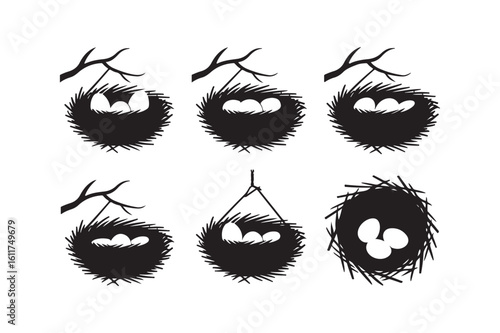 Collection of six black silhouette bird nests with eggs on white background