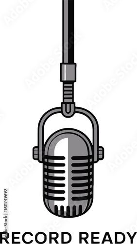 Vintage microphone hanging from a stand with the words record ready