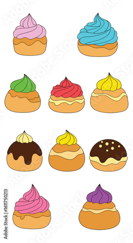 Delicious cream puff pastries with colorful frosting a delightful dessert spread