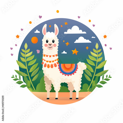 Adorable llama in a whimsical landscape with stars and foliage creating a heartwarming scene