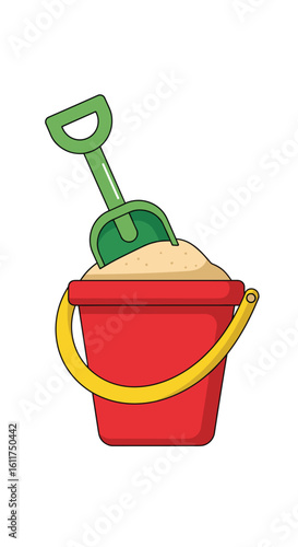 Red sand bucket with green shovel filled with sand and a yellow handle