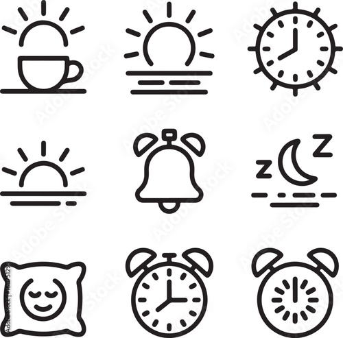 Daily Routine Time Icons Morning, Afternoon, Evening, Night, Wake Up, Sleep, Break Time, and Alarm Trigger