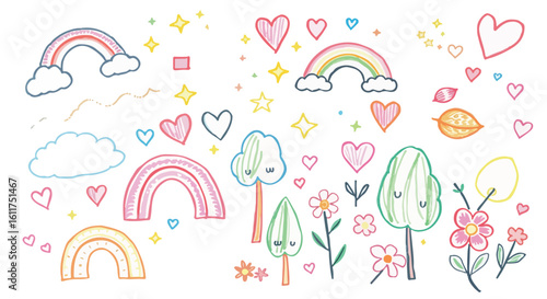 Whimsical pastel sketch of rainbows, hearts, and trees ideal for children’s designs, greeting cards, and classroom decor