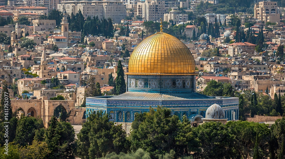 Fototapeta premium Historic Golden Dome of the Rock Mosque on a Sunny Day Overlooking the Ancient Jerusalem Cityscape