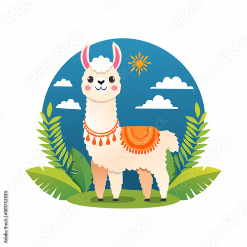 Adorable Llama Illustration Against a Cheerful Blue Sky and Lush Green Foliage Backdrop