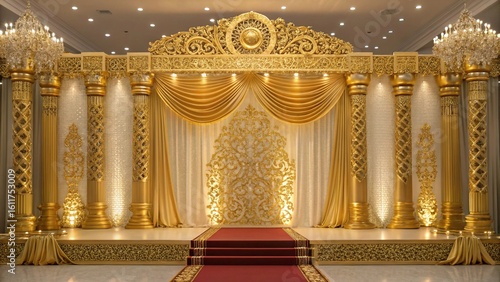 Opulent Gold Wedding Stage Decor:  Elegant Drapes, Intricate Columns, and Red Carpet.