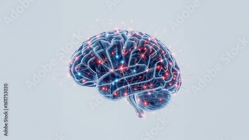 Abstract glowing digital brain network with interconnected nodes and circuits