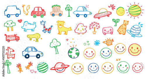 Educational doodle collection of vehicles, animals, and happy icons, suitable for children’s worksheets, games, and storybooks