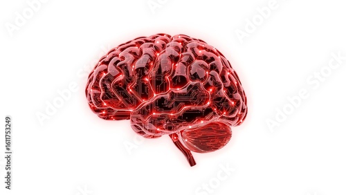 Detailed 3d rendering of a human brain with visible blood vessels on white background