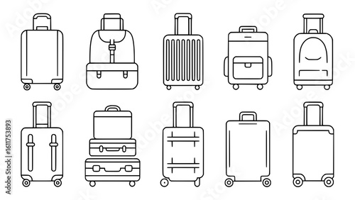 Travel Luggage Icons: A simple line art illustration shows various suitcase and backpack styles for travel, adventure and vacation.