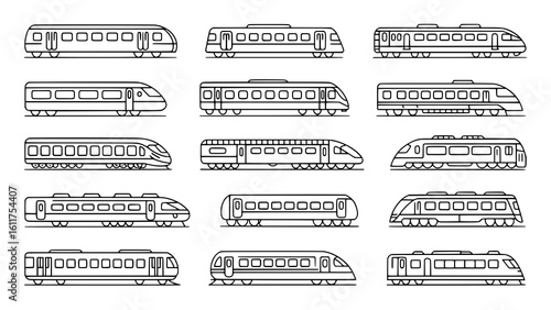 A grid of 15 black and white outline illustrations of different high-speed, modern passenger trains on a white background, each facing right.