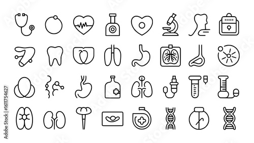 Medical Icons: A crisp line art illustration depicts a comprehensive set of medical symbols, showcasing various organs, tools, and scientific elements.