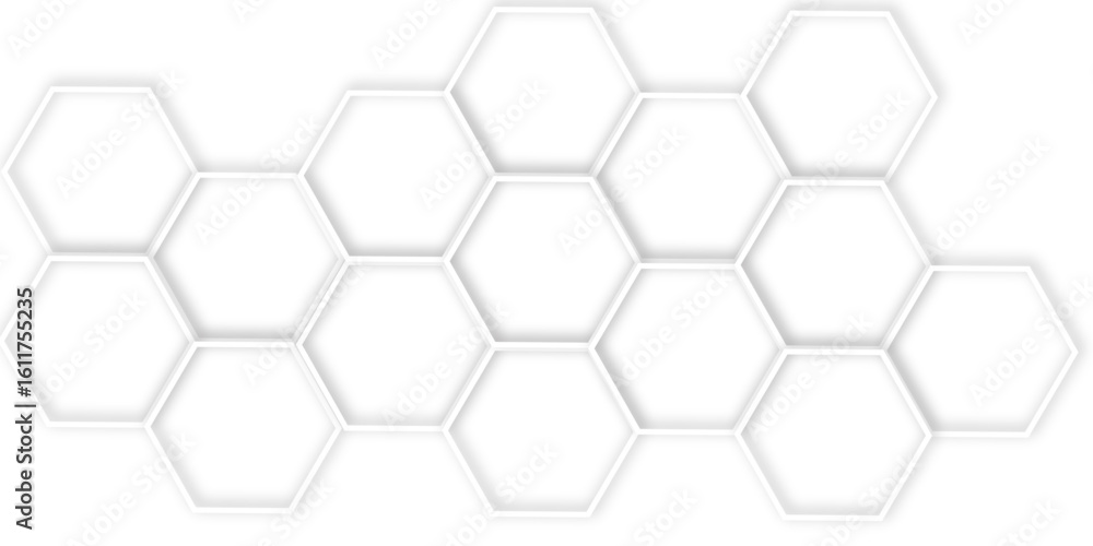 Abstract geometric technology 3d white bright ring out line hexagon polygonal honeycomb luxury pattern vector background.	