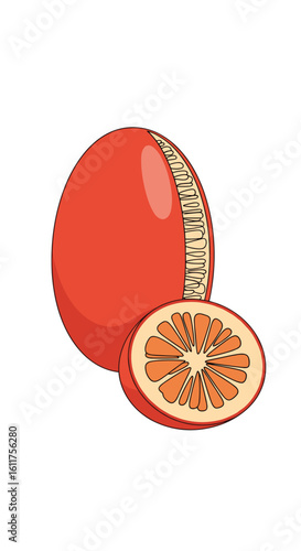 An oval red tropical fruit with textured skin and a sliced open center showing pulp