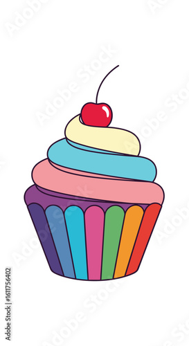 Delightful rainbow swirl cupcake adorned with a cherished cherry on top perfect for celebrations