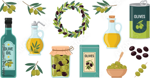 Olive oil and olives vector illustration set for culinary and food design