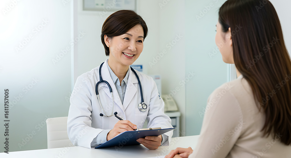 Fototapeta premium Smiling senior Asian female doctor in a white coat providing a friendly medical consultation to a patient in a clinic.