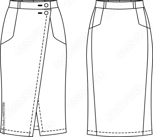 Wrap pencil skirt with side buttons and front slit, women's tailored fashion skirt CAD drawing flat vector illustration, sleek professional garment design, elegant office wear, modern skirt template