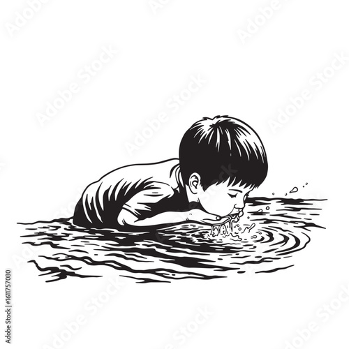 Boy drinking water from a river flowing in black and white illustration