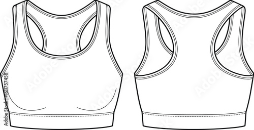 Women's racerback sports bra CAD drawing flat vector illustration, athletic activewear design, supportive workout top template, fitness apparel mockup, minimal modern fashion illustration