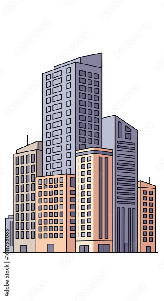 Modern cityscape with diverse architectural styles and varying heights creating a dynamic urban environment Modern cityscape with diverse architectural styles and varying heights creating a dynamic urban environment