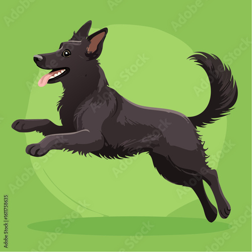 Playful black dog mid-air cartoon illustration on a green background design element