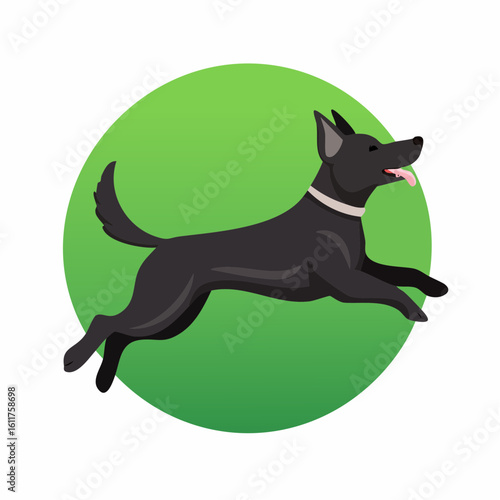 Animated black dog jumping happily against a bright green circular backdrop illustration