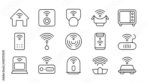A grid of fifteen black outline icons depicting various smart home and wireless technology devices with emanating signal waves