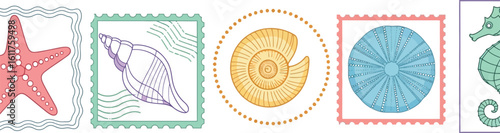 Sea life stamps starfish seashell ammonite urchin seahorse ocean theme art