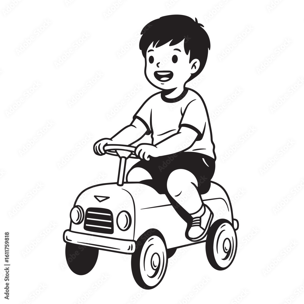 Happy child smiling and riding a toy car simple black and white vector illustration Happy child smiling and riding a toy car simple black and white vector illustration