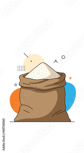 Sack of granulated white sugar overflowing with fine crystals and abstract colorful shapes in the background