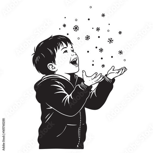 Joyful child playing in the snow catching falling snowflakes black and white illustration